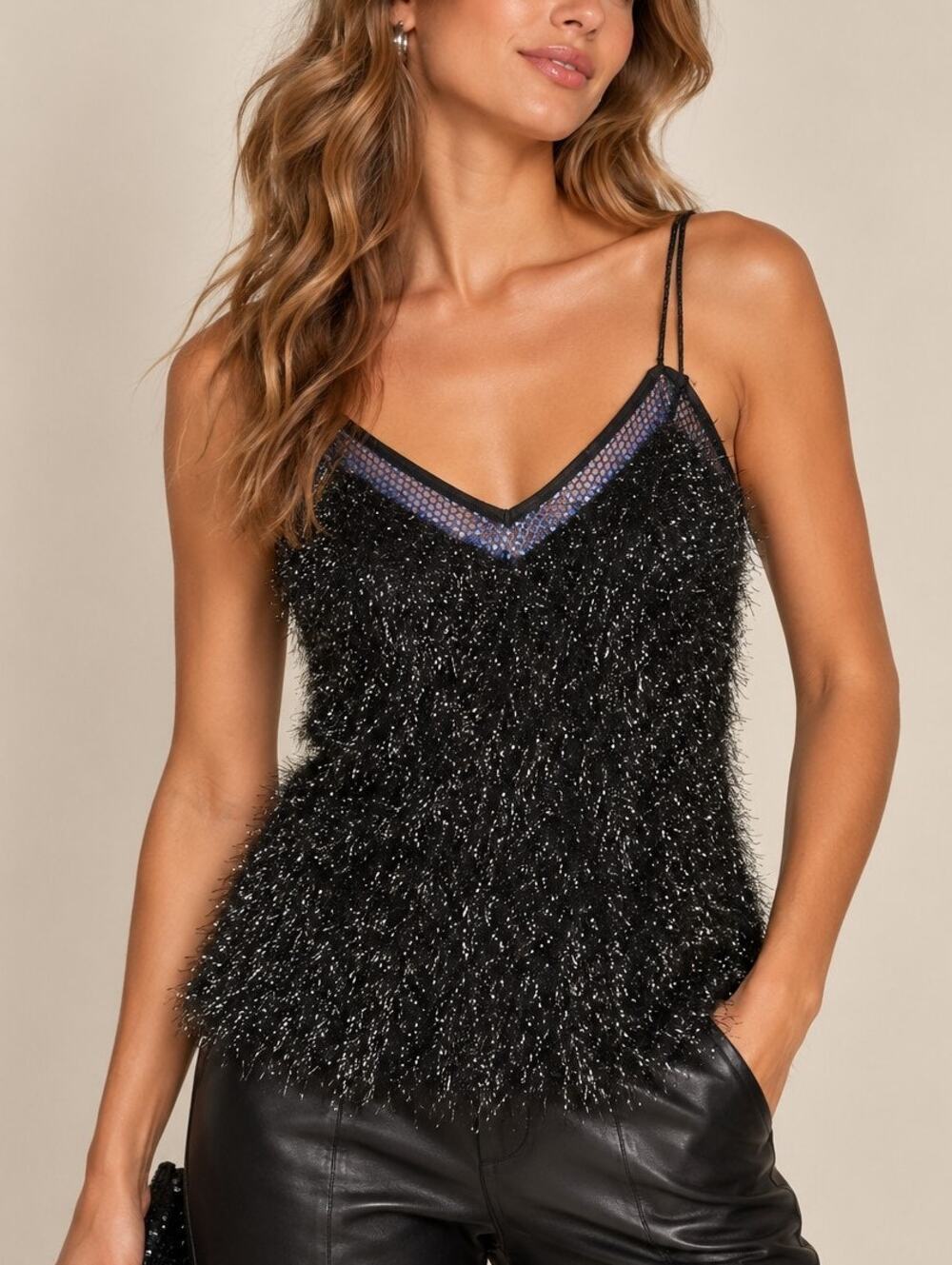 NWT Monzlapur Y2K Disco Fringe Mesh Tunic Top Womens L Black Rave Glam Clubwear